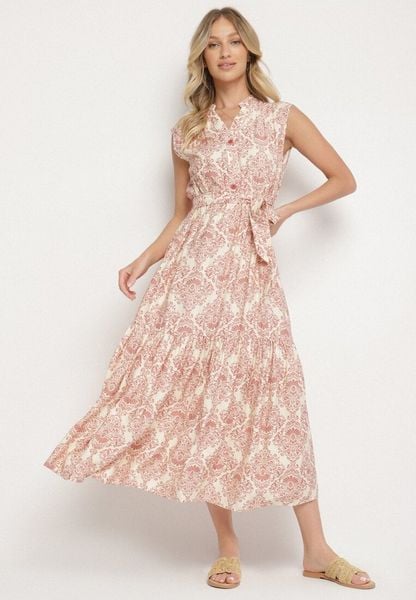 Różowa Wiskozowa Sukienka Bez Rękawów z Wiązanym Paskiem Filimea. Czerwone sukienki Born2be, na co dzień, l, bez wzorów, z materiału, eleganckie, bez kołnierzyka, bez ramiączek, proste. Za 99.99 zł.