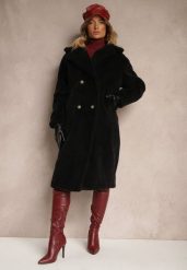 Czarny Dwurzędowy Płaszcz z Futerkiem Zelirra. Czarne płaszcze Renee, xl, bez wzorów, z dzianiny, eleganckie, bez kaptura. W wyprzedaży za 111.99 zł.