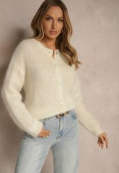 Jasnobeżowy Kardigan z Moheru w Eleganckim Stylu Koriano. Brązowe swetry Renee, bez wzorów, eleganckie, bez ramiączek. W wyprzedaży za 303.99 zł.