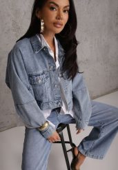 Niebieska Kurtka Jeansowa z Bawełny Typu Crop Bomber Jacket Veloma. Niebieskie kurtki Renee, m, bez wzorów, z bawełny, eleganckie, bez kaptura. Za 189.99 zł.