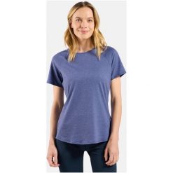 T-shirt Odlo damski do biegania ESSENTIAL 365. Fioletowe t-shirty sportowe ODLO, bez wzorów, bez ramiączek, do biegania. Za 199.99 zł.