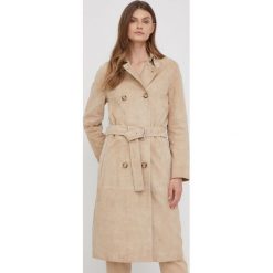 Calvin Klein płaszcz skórzany damski kolor beżowy przejściowy. Brązowe płaszcze Calvin Klein, bez wzorów, bez kaptura. Za 3,789.90 zł.