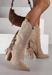 Ciemnobeżowe Botki Kowbojki na Słupku Ozdobione Frędzlami Reikka. Brązowe botki Renee, bez wzorów, z jeansu, bez obcasa, na obcasie, bez zapięcia. Za 109.99 zł.