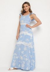 Niebieska Wiskozowa Sukienka Ozdobiona Haftami i Falbankami Lumionea. Niebieskie sukienki Born2be, m, bez wzorów, z wiskozy, eleganckie, bez kołnierzyka, bez ramiączek, maxi. W wyprzedaży za 118.99 zł.