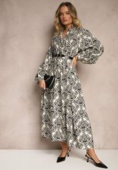 Czarna Wiskozowa Sukienka w Ornamentalny Wzór o Rozkloszowanym Kroju Gonalia. Czarne sukienki Renee, na co dzień, m, bez wzorów, z wiskozy, eleganckie, bez kołnierzyka, bez ramiączek, maxi, oversize. W wyprzedaży za 99.99 zł.