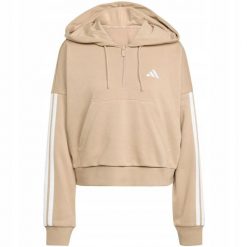 Bluza damska Essentials 3-Stripes French Terry Hoodie Quarter Zip. Brązowe bluzy adidas, bez wzorów, z bawełny, bez ramiączek, z kapturem. Za 200.99 zł.