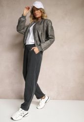 Ciemnoszare Spodnie z Bawełny High Waist Galili. Szare jeansy Renee, bez wzorów, z bawełny, eleganckie, z podwyższonym stanem. W wyprzedaży za 107.99 zł.