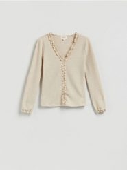 Bluzka z wiskozą - złamana biel. Bluzki Reserved, l, bez wzorów, z dzianiny, bez kołnierzyka, bez ramiączek. Za 99.99 zł.