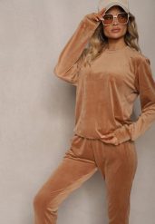 Beżowy Dresowy Welurowy Komplet z Dodatkiem Bawełny Bluzka i Spodnie Evisla. Brązowe t-shirty sportowe Renee, l, bez wzorów, z bawełny, bez ramiączek. W wyprzedaży za 34.99 zł.