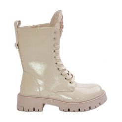 Lakierowane Ocieplane Botki Workery Z Ozdobą Beżowe Kelilea beżowy. Brązowe botki z aplikacjami, z lakierowanej skóry, eleganckie, bez obcasa, bez zapięcia. Za 250.60 zł.