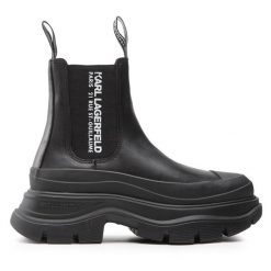 Sztyblety KARL LAGERFELD. Czarne botki KARL LAGERFELD, bez wzorów, bez obcasa, na płaskiej podeszwie, bez zapięcia. Za 499.99 zł.