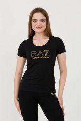 EA7 Czarny damski t-shirt z cyrkoniami, Rozmiar M. Czarne t-shirty EA7 Emporio Armani, m, bez wzorów, bez kołnierzyka, bez ramiączek. W wyprzedaży za 255.99 zł.