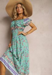 Zielona Letnia Sukienka z Bawełny o Fasonie Hiszpanki z Gumką w Pasie i Wzorem Paisley Delsina. Zielone sukienki Renee, na imprezę, l, z aplikacjami, z bawełny, boho, bez kołnierzyka, bez ramiączek, maxi. W wyprzedaży za 27.99 zł.