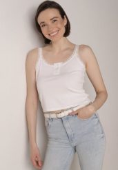 Biały Top z Bawełny Ozdobiony Guzikami i Koronką przy Dekolcie Beralie. Białe topy Born2be, m, bez wzorów, z bawełny, eleganckie, bez kołnierzyka, bez ramiączek. Za 39.99 zł.