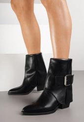 Czarne Botki na Stożkowym Obcasie z Wywiniętą Cholewką i Klamrą Latuvia. Czarne botki Born2be, bez wzorów, z jeansu, eleganckie, bez obcasa, na obcasie, bez zapięcia. Za 169.99 zł.