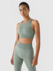 4F Biustonosz treningowy bezszwowy ze średnim wsparciem 4F x Anna Lewandowska - oliwkowy/khaki L/XL. Brązowe biustonosze sportowe 4f, bez wzorów, z dzianiny, do biegania. W wyprzedaży za 99.99 zł.