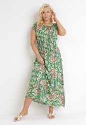 Zielona Rozkloszowana Sukienka Hiszpanka Maxi z Gumkami w Pasie z Bawełny Briyenn. Zielone sukienki Born2be, na imprezę, l, bez wzorów, z bawełny, bez kołnierzyka, plus size, bez ramiączek, maxi, rozkloszowane. Za 69.99 zł.