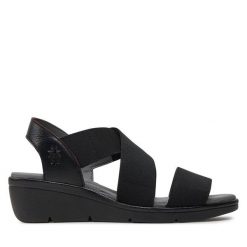 Sandały Fly London. Czarne sandały Fly London, bez wzorów, bez obcasa, na koturnie, bez zapięcia. Za 489.99 zł.