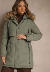 Zielona Klasyczna Kurtka Parka z Kapturem z Futrem Nalisava. Zielone kurtki Renee, l, bez wzorów, z dzianiny, klasyczne, z kapturem. Za 319.99 zł.
