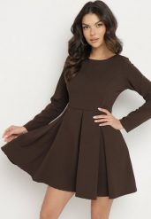 Brązowa Elegancka Sukienka o Rozkloszowanym Kroju Temitonia. Brązowe sukienki Born2be, m, bez wzorów, eleganckie, bez kołnierzyka, bez ramiączek, mini, rozkloszowane. W wyprzedaży za 110.49 zł.
