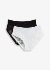 Figi z wysokim stanem z delikatną koronką (2 pary). Niebieskie figi bonprix, bez wzorów, z koronki, z podwyższonym stanem. Za 79.99 zł.