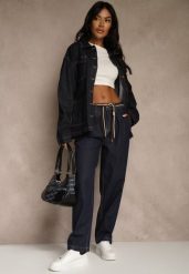 Niebieskie Szerokie Jeansy z Bawełny High Waist Ozdobione Sznurkiem Landa. Niebieskie jeansy Renee, l, bez wzorów, z bawełny, rockowe, z podwyższonym stanem. Za 99.99 zł.