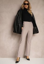 Jasnobeżowe Spodnie Bawełniane Dzwony High Waist z Wsuwanymi Kieszeniami Lorialvia. Brązowe jeansy Renee, l, bez wzorów, z bawełny, z podwyższonym stanem. W wyprzedaży za 32.99 zł.