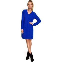 Swetrowa Sukienka z Warkoczowym Splotem - Szafirowa. Niebieskie sukienki MOE, l, bez wzorów, z dzianiny, bez kołnierzyka, bez ramiączek. Za 254.90 zł.
