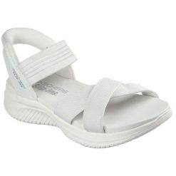 Sandały damskie Skechers Ultra Flex 3.0 Nev. Szare sandały Skechers, bez wzorów, z materiału, bez obcasa, bez zapięcia. Za 490.00 zł.