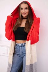 Sweter Kardigan z kapturem w pasy czerwony + beżowy + szary. Brązowe swetry KESI, l, bez wzorów, z jeansu, plus size, bez ramiączek. Za 209.08 zł.