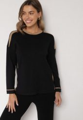 Czarny Sweter z Bawełną i Metaliczną Nicią Tusima. Czarne swetry Born2be, l, bez wzorów, z bawełny, eleganckie, bez ramiączek. Za 79.99 zł.