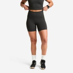 Spodenki sportowe damskie Domyos Shape wysoki stan. Szare szorty sportowe DOMYOS, bez wzorów, z lycry, z podwyższonym stanem, na fitness i siłownię. Za 69.99 zł.