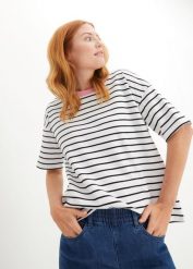 T-shirt w paski z czystej bawełny. Białe t-shirty bonprix, bez wzorów, z bawełny, bez kołnierzyka, bez ramiączek. Za 59.99 zł.