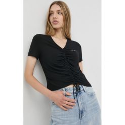 Miss Sixty t-shirt damski kolor czarny. Czarne t-shirty Miss Sixty, l, bez wzorów, bez kołnierzyka, bez ramiączek. W wyprzedaży za 104.99 zł.