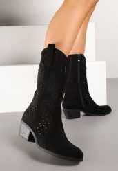 Czarne Botki Kowbojki na Słupku z Ażurową Cholewką Ravsemi. Czarne botki Renee, z aplikacjami, z jeansu, bez obcasa, na obcasie, bez zapięcia. Za 109.99 zł.