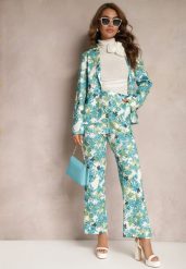 Niebiesko-Białe Spodnie w Kwiatowy Print High Waist z Szeroką Nogawką Lastaria. Niebieskie jeansy Renee, l, bez wzorów, z jeansu, z podwyższonym stanem. W wyprzedaży za 91.99 zł.