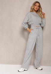 Szary Bawełniany Komplet Bluza Krótka ze Ściągaczem i Szerokie Spodnie ze Sznurkiem w Pasie Rionnea. Szare bluzy Renee, l, bez wzorów, z bawełny, bez ramiączek, bez kaptura. Za 189.99 zł.