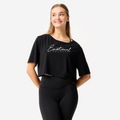 Koszulka do tańca modern jazz damska Domyos crop top. Czarne topy DOMYOS, xl, bez wzorów, z elastanu, eleganckie, bez kołnierzyka, bez ramiączek. Za 69.99 zł.