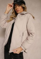 Jasnobeżowa Kurtka z Kapturem Ozdobiona Pikowaniem Lilora. Brązowe kurtki Renee, l, bez wzorów, z jeansu, eleganckie, z kapturem. W wyprzedaży za 164.99 zł.
