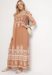 Brązowa Sukienka z Wiskozy o Rozkloszowanym Kroju w Ornamentalny Wzór Lisolira. Brązowe sukienki Born2be, na co dzień, l, bez wzorów, z wiskozy, eleganckie, bez kołnierzyka, bez ramiączek, maxi, rozkloszowane. W wyprzedaży za 79.99 zł.
