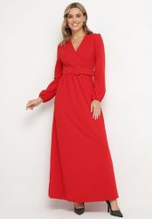 Czerwona Rozkloszowana Sukienka Ozdobiona Paskiem w Talii Felirith. Czerwone sukienki Born2be, na co dzień, l, bez wzorów, eleganckie, bez kołnierzyka, bez ramiączek, maxi, rozkloszowane. W wyprzedaży za 144.49 zł.