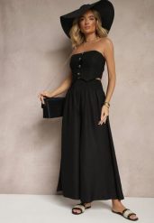 Czarne Szerokie Spodnie High Waist z Szeroką Gumą w Pasie Korissele. Czarne jeansy Renee, l, z aplikacjami, z gumy, eleganckie, z podwyższonym stanem. W wyprzedaży za 47.99 zł.