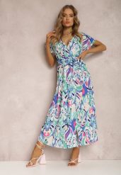 Niebieska Sukienka Damon. Niebieskie sukienki Renee, l, bez wzorów, z materiału, bez kołnierzyka, bez ramiączek, maxi, kopertowe. W wyprzedaży za 135.99 zł.