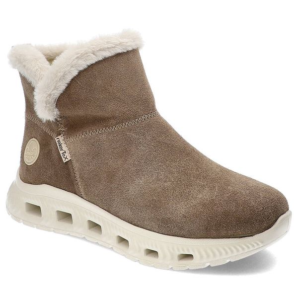 Beżowe Botki Rieker Ocieplane Buty Damskie. Brązowe botki Rieker, z aplikacjami, ze skóry, eleganckie, bez obcasa, bez zapięcia. Za 309.00 zł.