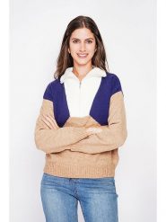 C& Jo Sweter w kolorze beżowo-biało-niebieskim rozmiar: 40. Białe swetry C& Jo, bez wzorów, ze splotem, klasyczne, bez ramiączek. Za 130.99 zł.