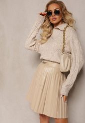 Jasnobeżowy Sweter z Dekoltem w Serek i Ozdobnym Splotem Travissa. Brązowe swetry Renee, bez wzorów, ze splotem, casualowe, bez ramiączek. W wyprzedaży za 95.99 zł.