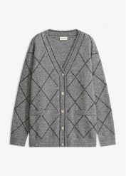 Długi sweter rozpinany, z połyskiem. Szare swetry bonprix, bez wzorów, bez ramiączek. Za 169.99 zł.