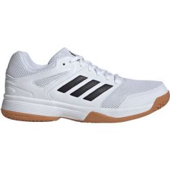 Buty do siatkówki adidas Speedcourt In IH3159 białe. Białe buty treningowe bez wzorów, z gumy, bez zapięcia, do piłki nożnej. Za 319.61 zł.