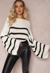 Biały Sweter z Dzianiny w Paski z Obszernymi Rękawami Gotara. Białe swetry Renee, bez wzorów, z dzianiny, casualowe, bez ramiączek. W wyprzedaży za 71.99 zł.