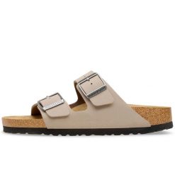 Klapki Birkenstock Arizona Birkibuc Dorosłych. Szare klapki Birkenstock, bez wzorów, z nubiku, bez obcasa, bez zapięcia. Za 422.96 zł.